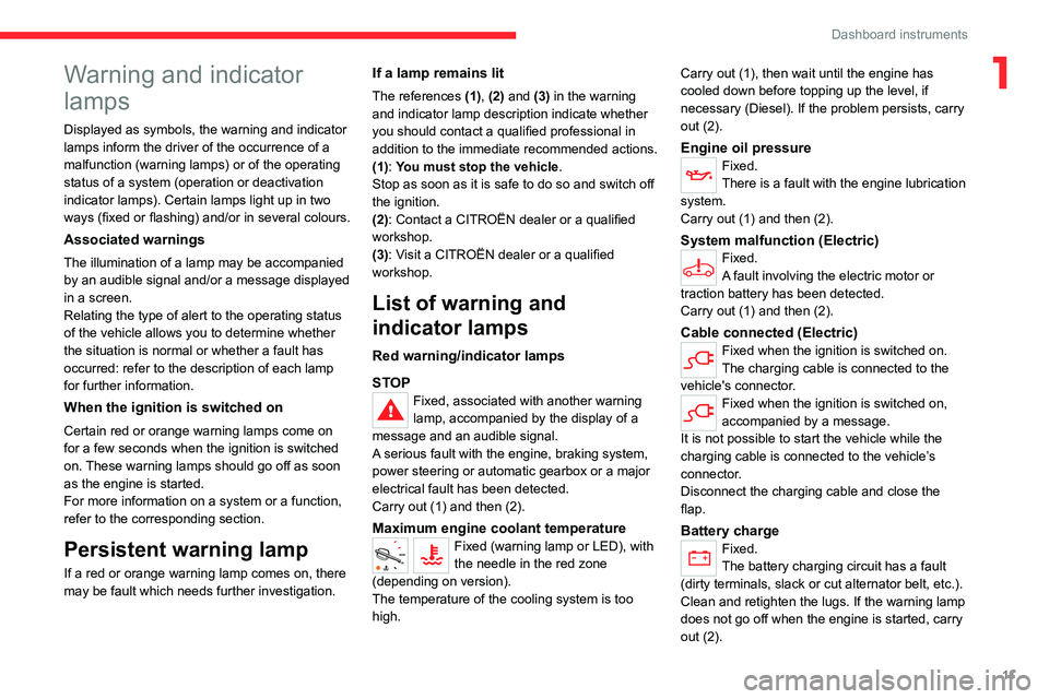 CITROEN JUMPY 2023  Owners Manual 11
Dashboard instruments
1Warning and indicator 
lamps
Displayed as symbols, the warning and indicator 
lamps inform the driver of the occurrence of a 
malfunction (warning lamps) or of the operating 