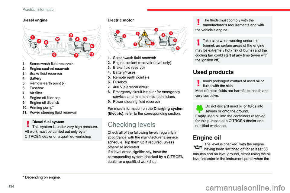 CITROEN JUMPY 2023  Owners Manual 194
Practical information
Diesel engine 
 
1.Screenwash fluid reservoir
2. Engine coolant reservoir
3. Brake fluid reservoir
4. Battery
5. Remote earth point (-)
6. Fusebox
7. Air filter
8. Engine oil