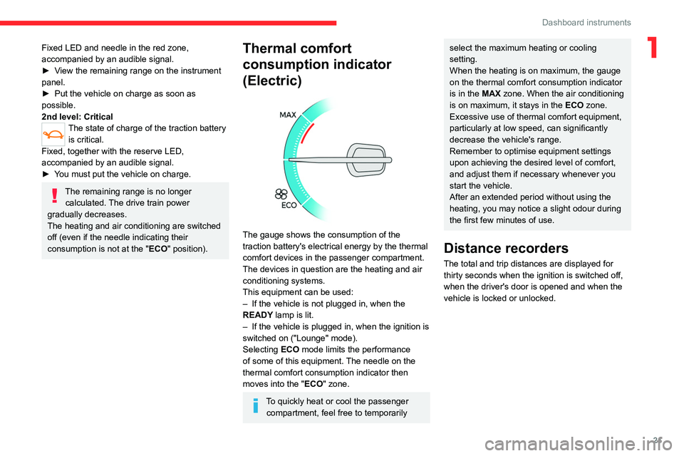 CITROEN JUMPY 2023 Owners Manual 21
Dashboard instruments
1Fixed LED and needle in the red zone, 
accompanied by an audible signal.
► 
V
 iew the remaining range on the instrument 
panel.
►
 
Put the vehicle on charge as soon as 