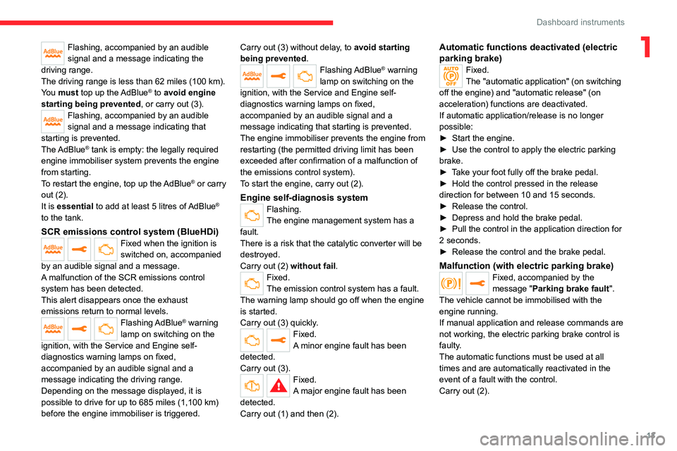 CITROEN JUMPY 2022  Owners Manual 13
Dashboard instruments
1Flashing, accompanied by an audible 
signal and a message indicating the 
driving range.
The driving range is less than 62 miles (100
  km).
You must top up the AdBlue
® to 