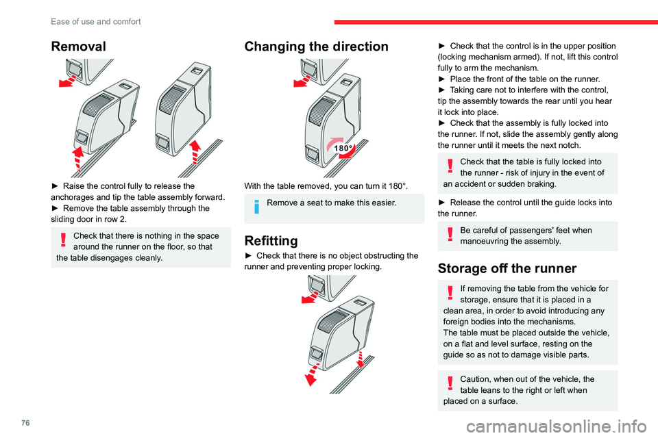 CITROEN JUMPY 2019 Owners Manual 76
Ease of use and comfort
Removal
► Raise the control fully to release the
anchorages and tip the table assembly forward.
►
Remove the table assembly through the
sliding door in row 2.
Ch CITROEN JUMPY 2019 Owners Manual 76
Ease of use and comfort
Removal
► Raise the control fully to release the
anchorages and tip the table assembly forward.
►
Remove the table assembly through the
sliding door in row 2.
Ch