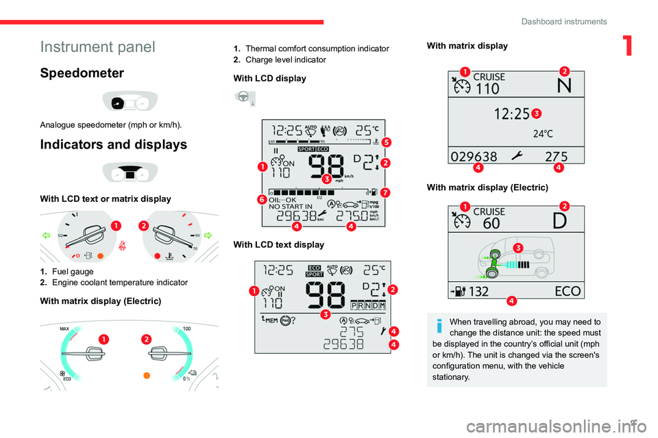 CITROEN JUMPY 2017 User Guide 9
Dashboard instruments
1Instrument panel
Speedometer 
 
Analogue speedometer (mph or km/h).
Indicators and displays 
 
With LCD text or matrix display 
 
1.Fuel gauge
2. Engine coolant temperature in