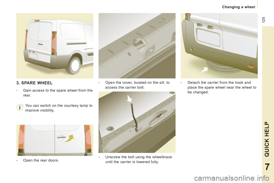 CITROEN JUMPY 2015 Owners Manual 125
Changing a wheel
QUICK HELP
7
- Open the cover, located on the sill, to access the carrier bolt.
- Unscrew the bolt using the wheelbrace until the carrier is lowered fully. - CITROEN JUMPY 2015 Owners Manual 125
Changing a wheel
QUICK HELP
7
- Open the cover, located on the sill, to access the carrier bolt.
- Unscrew the bolt using the wheelbrace until the carrier is lowered fully. -