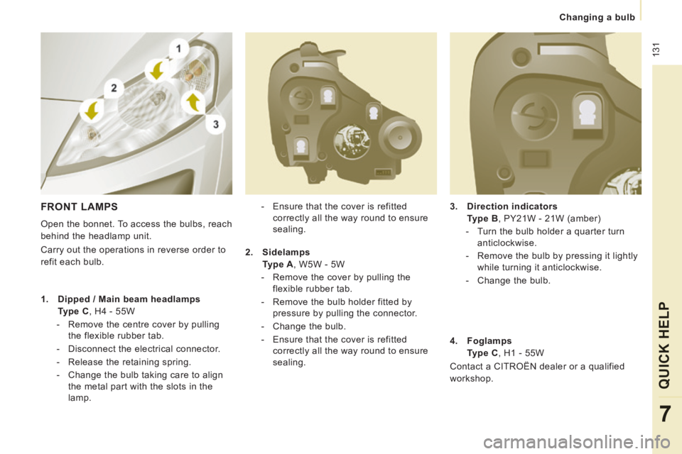 CITROEN JUMPY 2015  Owners Manual  131
   Changing  a  bulb   
QUICK HELP
7
  3.    Direction indicators     
   Type B , PY21W - 21W (amber) 
   -   Turn the bulb holder a quarter turn  anticlockwise. 
  -   Remove the bulb by pressi