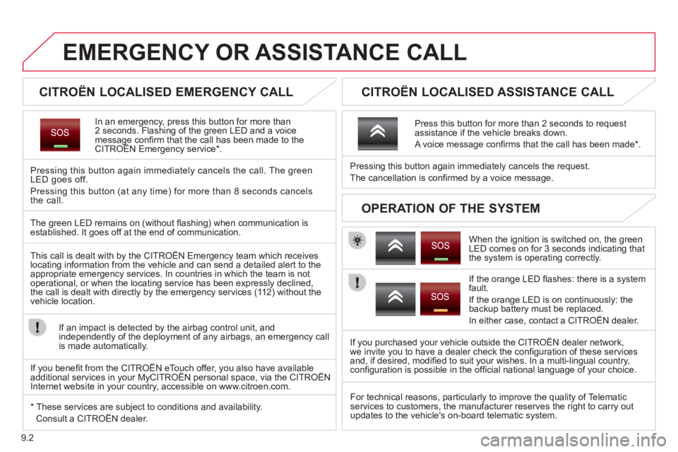 CITROEN JUMPY 2015 User Guide 9.2
EMERGENCY OR ASSISTANCE CALL
CITROËN LOCALISED EMERGENCY CALL
In an emergency, press this button for more than 2 seconds. Flashing of the green LED and a voice mess CITROEN JUMPY 2015 User Guide 9.2
EMERGENCY OR ASSISTANCE CALL
CITROËN LOCALISED EMERGENCY CALL
In an emergency, press this button for more than 2 seconds. Flashing of the green LED and a voice mess