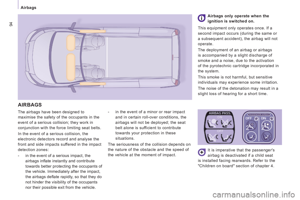 CITROEN JUMPY 2015  Owners Manual 94
Airbags
 The airbags have been designed to 
maximise the safety of the occupants in the 
event of a serious collision; they work in 
conjunction with the force limiting seat belts. 
 In the event o