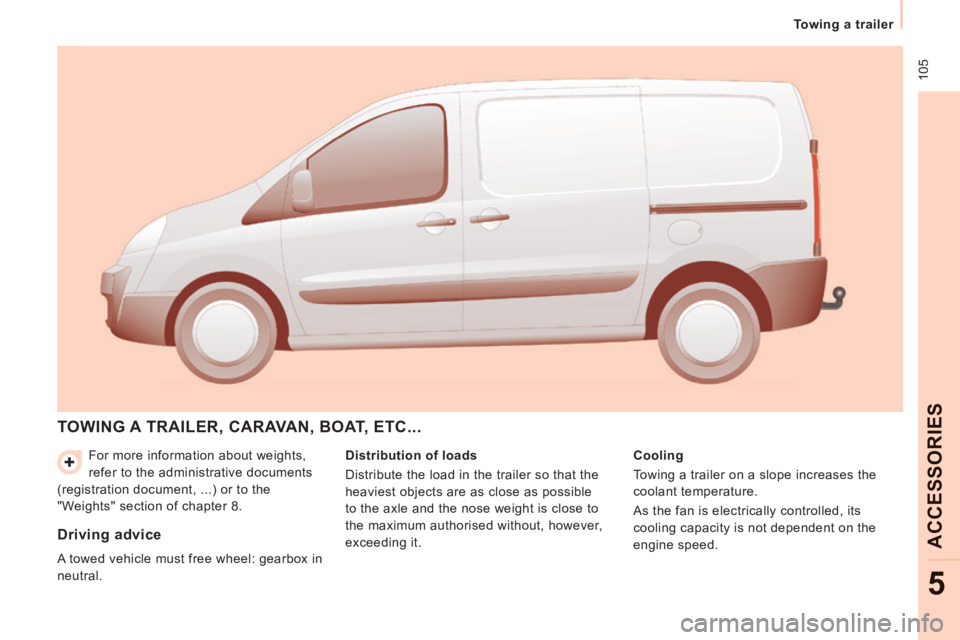 CITROEN JUMPY 2009  Owners Manual  105
   Towing  a  trailer   
ACCESSORIES
5
 For more information about weights, 
refer to the administrative documents 
(registration document, ...) or to the 
"Weights" section of chapter 8. 
 TOWIN