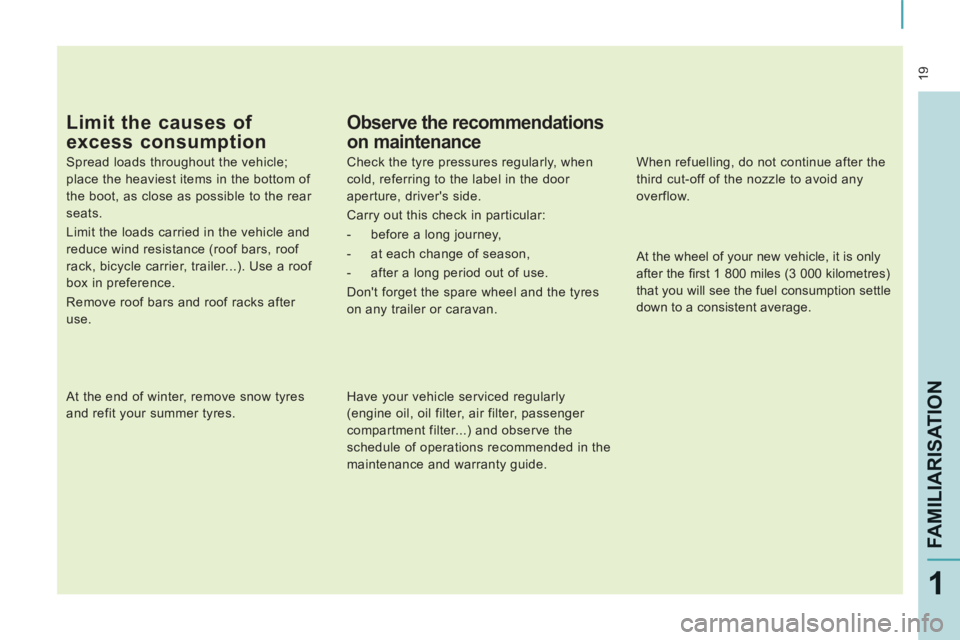 CITROEN JUMPY 2009 Owners Manual  19
FAMILIARISATION
1
  Limit the causes of 
excess consumption 
  Spread loads throughout the vehicle; 
place the heaviest items in the bottom of 
the boot, as close as possible to the rear 
seats. 
