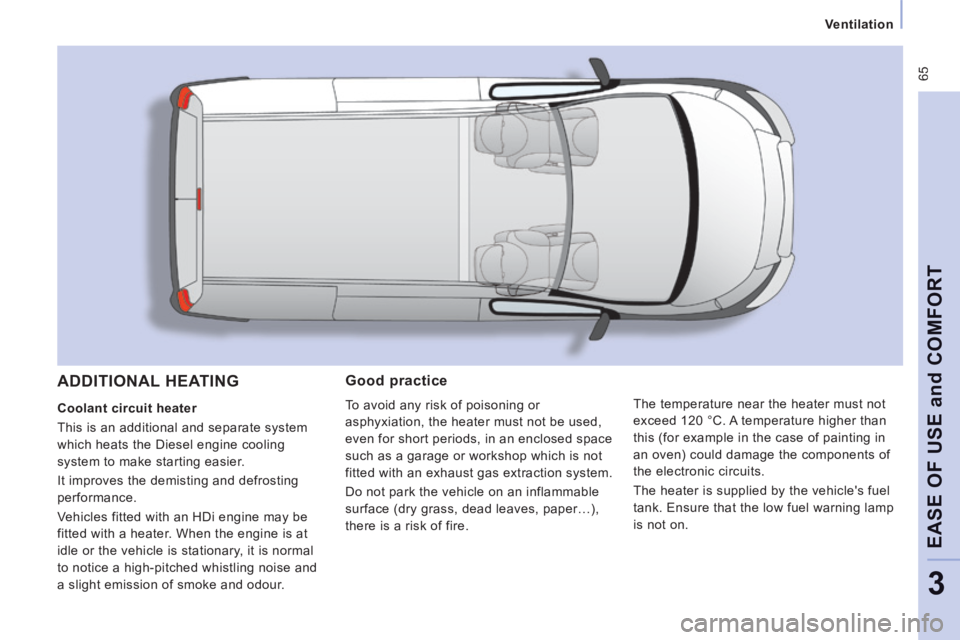 CITROEN JUMPY 2009  Owners Manual  65
   Ventilation   
EASE OF USE 
and
 COMFORT
3
  Good  practice 
 To avoid any risk of poisoning or 
asphyxiation, the heater must not be used, 
even for short periods, in an enclosed space 
such a