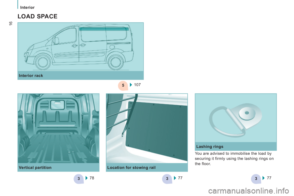 CITROEN JUMPY 2008  Owners Manual 5
333
Interior
16
  Location  for  stowing  rail     Lashing  rings 
  Interior  rack  
107
  Vertical  partition   78 77
77  You are advised to immobilise the load by 
securing it firmly using the la