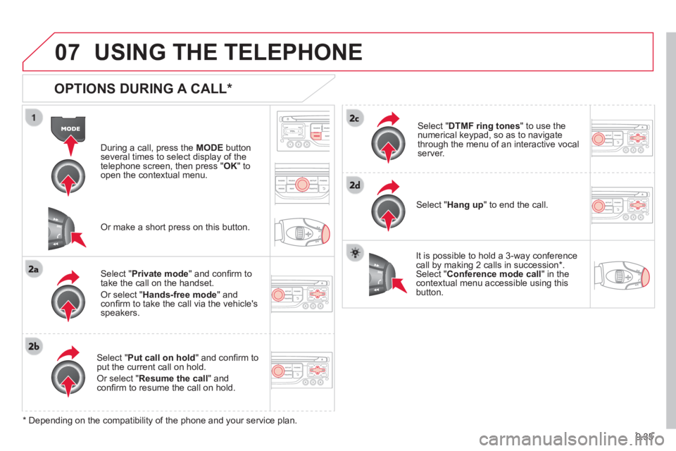 CITROEN JUMPY 2008 Owners Guide 9.35
07 USING THE TELEPHONE
OPTIONS DURING A CALL *
During a call, press the MODE button several times to select display of the telephone screen, then press " OK " to open the contextual CITROEN JUMPY 2008 Owners Guide 9.35
07 USING THE TELEPHONE
OPTIONS DURING A CALL *
During a call, press the MODE button several times to select display of the telephone screen, then press " OK " to open the contextual