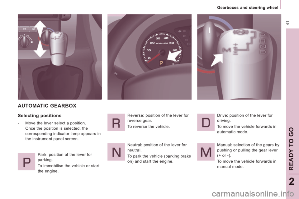 CITROEN JUMPY 2008 Service Manual  41
READY TO GO
2
Gearboxes and steering wheel
 AUTOMATIC  GEARBOX 
  Selecting  positions 
   -   Move the lever select a position. Once the position is selected, the 
corresponding indicator lamp ap