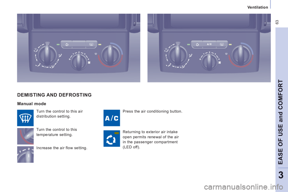 CITROEN JUMPY 2008 Repair Manual  63
   Ventilation   
EASE OF USE 
and
 COMFORT
3
 Press the air conditioning button. 
 Turn the control to this air 
distribution setting. 
 Turn the control to this 
temperature setting. 
 Increase 