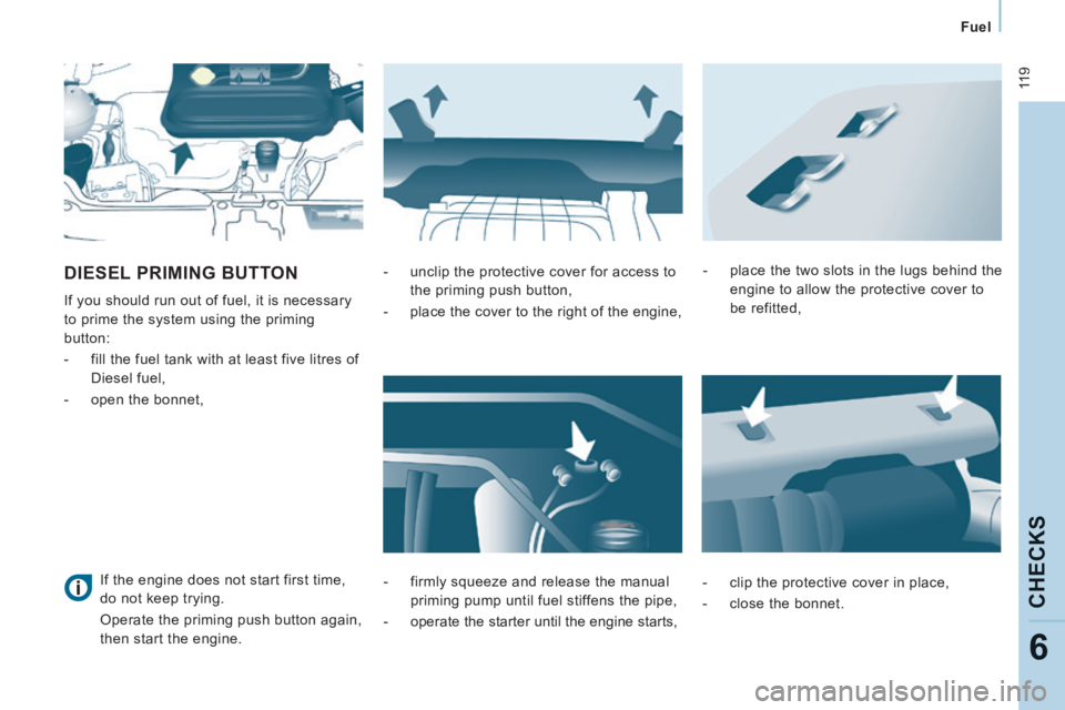 CITROEN JUMPY 2007  Owners Manual  11 9
   Fuel   
CHECKS
6
 DIESEL PRIMING BUTTON 
 If you should run out of fuel, it is necessary 
to prime the system using the priming 
button: 
   -   fill the fuel tank with at least five litres o