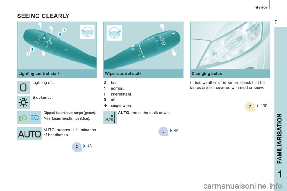 CITROEN JUMPY 2007  Owners Manual 3
3
7
 13
   Interior   
FAMILIARISATION
1
  SEEING  CLEARLY 
46
 Lighting  off. 
 Sidelamps. 
 Dipped beam headlamps (green).  
Main beam headlamps (blue). 
  Wiper  control  stalk 
  2    fast.  
  