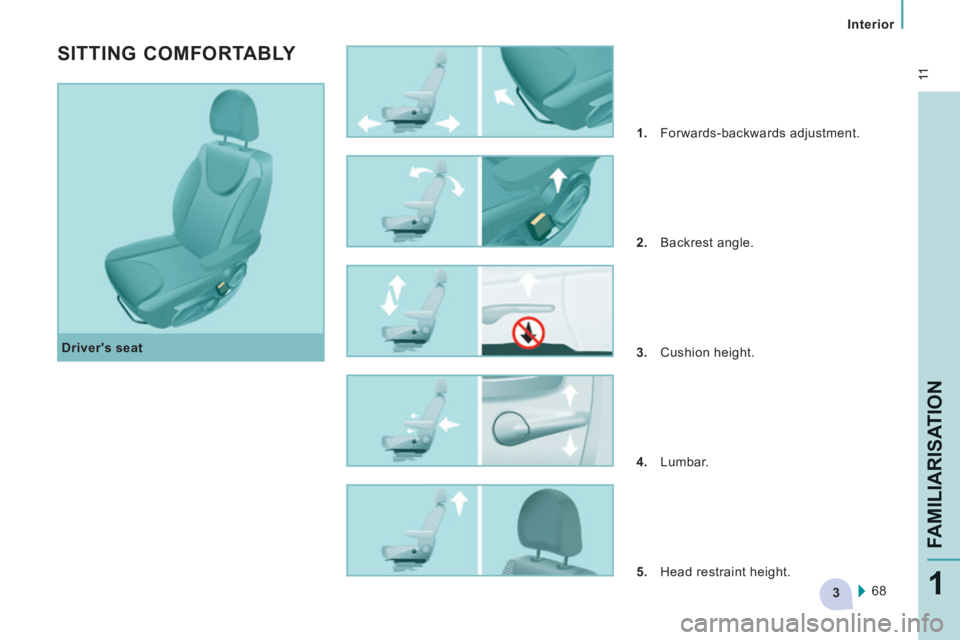 CITROEN JUMPY 2006 User Guide 3
 11
   Interior   
FAMILIARISATION
1
  Drivers  seat 
  SITTING  COMFORTABLY 
   1.   Forwards-backwards  adjustment. 
  2.   Backrest  angle. 
  3.   Cushion  height. 
  4.   Lumbar. 
  5.   Head 