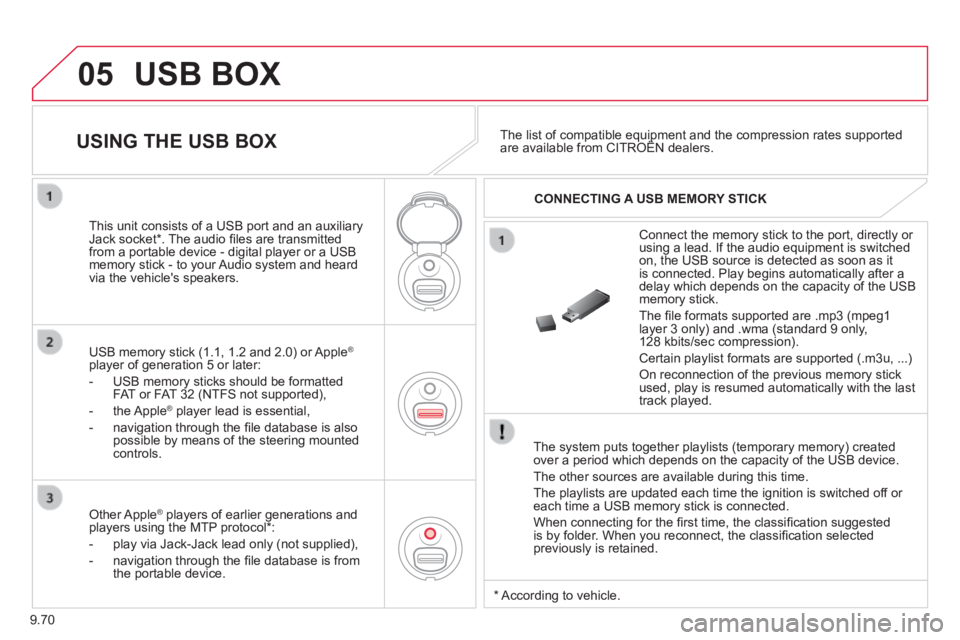 CITROEN JUMPY 2006  Owners Manual 9.70
05 USB  BOX 
  The system puts together playlists (temporary memory) created over a period which depends on the capacity of the USB device. 
 The other sources are available during this time. 
 T