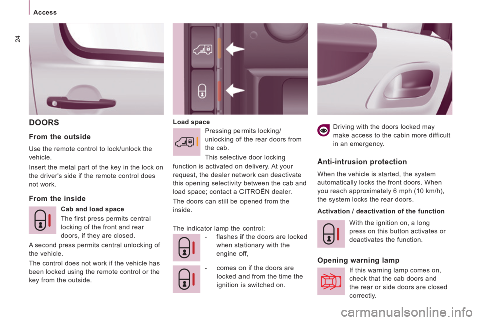 CITROEN JUMPY 2006  Owners Manual 24
Access
 DOORS   Load  space   -   comes on if the doors are locked and from the time the 
ignition is switched on.  
  From  the  inside    From  the  outside 
 Use the remote control to lock/unloc