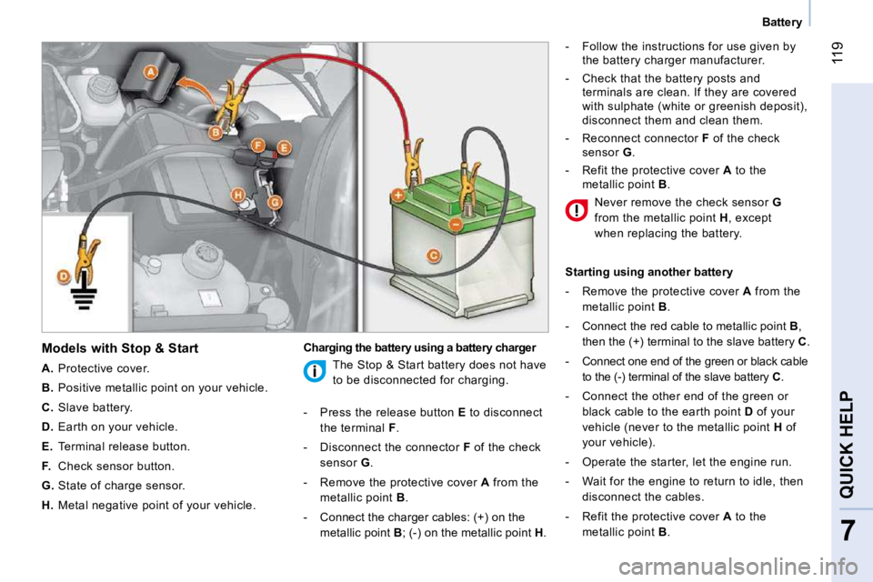 CITROEN NEMO 2010 User Guide 119
7
QUICK HELP
Battery
Models with Stop & Start
A. Protective cover.
B. Positive metallic point on your vehicle.
C. Slave battery.
D. Earth on your vehicle.
CITROEN NEMO 2010 User Guide 119
7
QUICK HELP
Battery
Models with Stop & Start
A. Protective cover.
B. Positive metallic point on your vehicle.
C. Slave battery.
D. Earth on your vehicle.