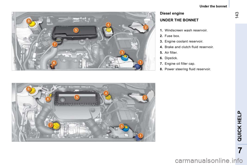 CITROEN NEMO 2010 Owners Manual 143
7
QUICK HELP
Under the bonnet
Diesel engine
UNDER THE BONNET
1. Windscreen wash reservoir.
2. Fuse box.
3. Engine coolant reservoir.
4. Brake and clutch CITROEN NEMO 2010 Owners Manual 143
7
QUICK HELP
Under the bonnet
Diesel engine
UNDER THE BONNET
1. Windscreen wash reservoir.
2. Fuse box.
3. Engine coolant reservoir.
4. Brake and clutch
