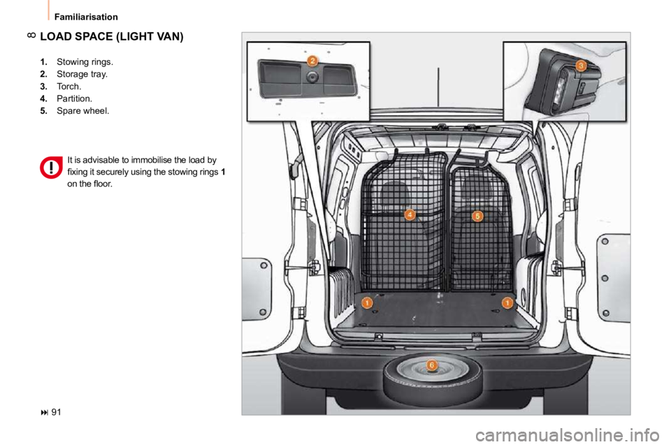 CITROEN NEMO 2010  Owners Manual 8
 Familiarisation 
 LOAD SPACE (LIGHT VAN) 
   
1.    Stowing rings. 
  
2.    Storage tray. 
  
3.    Torch. 
  
4.    Partition. 
  
5.    Spare wheel.  
   
�   91    It is advisable to immobil