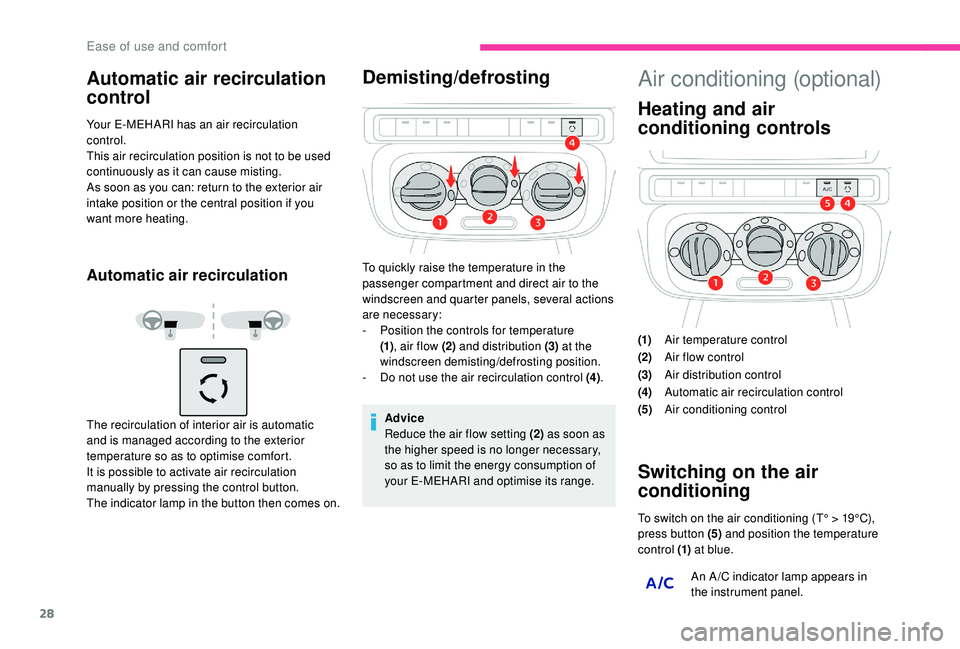 CITROEN E-MEHARI 2023 Owners Manual 28
The recirculation of interior air is automatic 
and is managed according to the exterior 
temperature so as to optimise comfort.
It is possible to activate air recirculation 
manually by pressing t