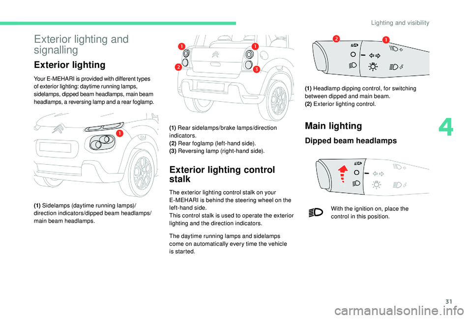 CITROEN E-MEHARI 2023  Owners Manual 31
Exterior lighting and 
signalling
Exterior lighting
Your E-MEHARI is provided with different types 
of exterior lighting: daytime running lamps, 
sidelamps, dipped beam headlamps, main beam 
headla
