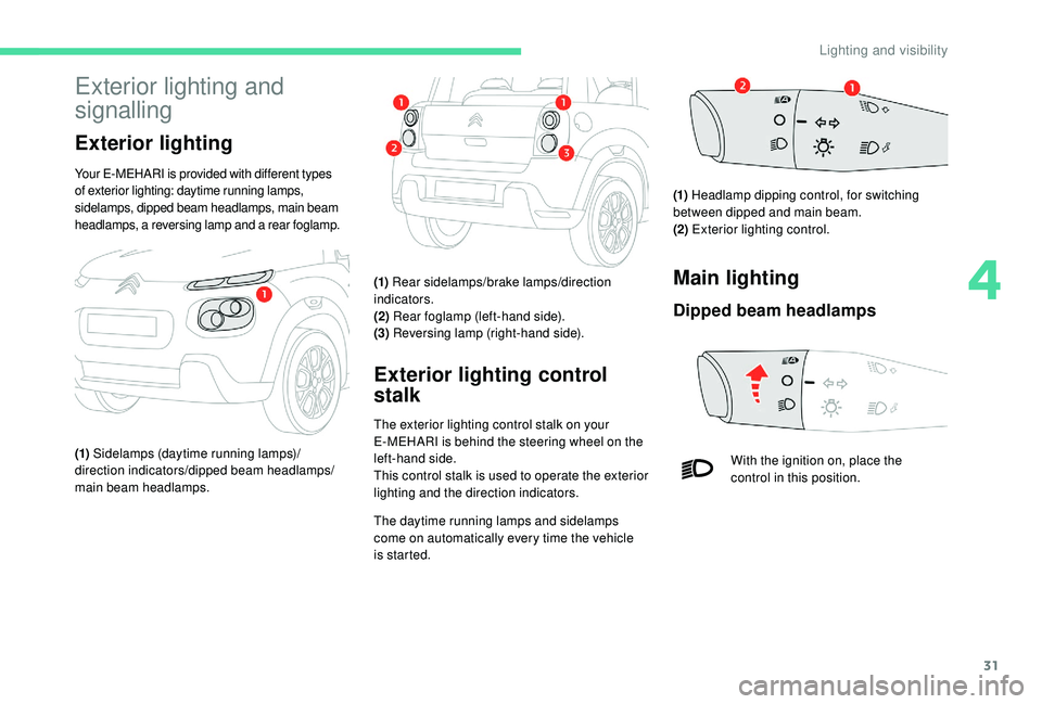 CITROEN E-MEHARI 2023 Owners Manual 31
Exterior lighting and
signalling
Exterior lighting
Your E-MEHARI is provided with different types
of exterior lighting: daytime running lamps,
sidelamps, dipped beam headlamps, main beam
headla CITROEN E-MEHARI 2023 Owners Manual 31
Exterior lighting and
signalling
Exterior lighting
Your E-MEHARI is provided with different types
of exterior lighting: daytime running lamps,
sidelamps, dipped beam headlamps, main beam
headla