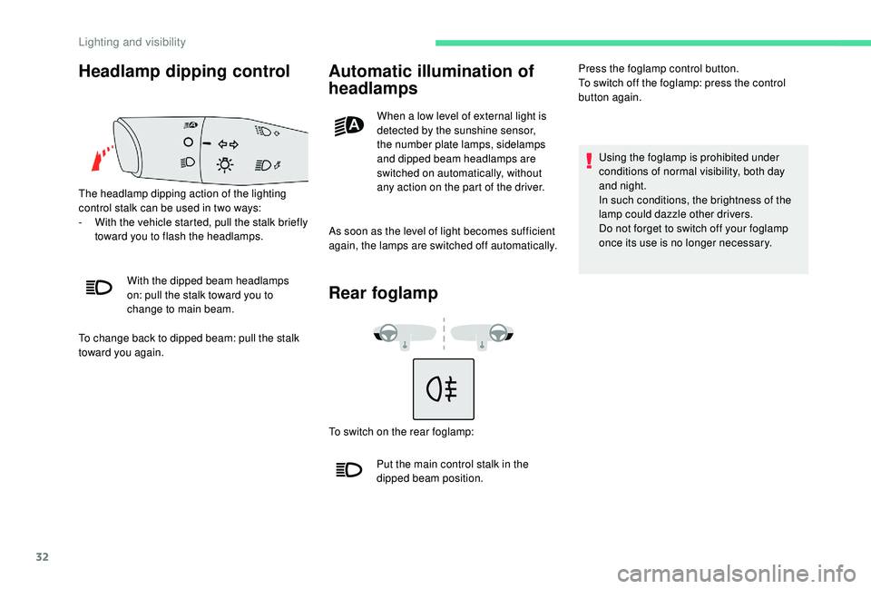 CITROEN E-MEHARI 2023 Owners Guide 32
Headlamp dipping control
The headlamp dipping action of the lighting 
control stalk can be used in two ways:
- 
W
 ith the vehicle started, pull the stalk briefly 
toward you to flash the headlamps