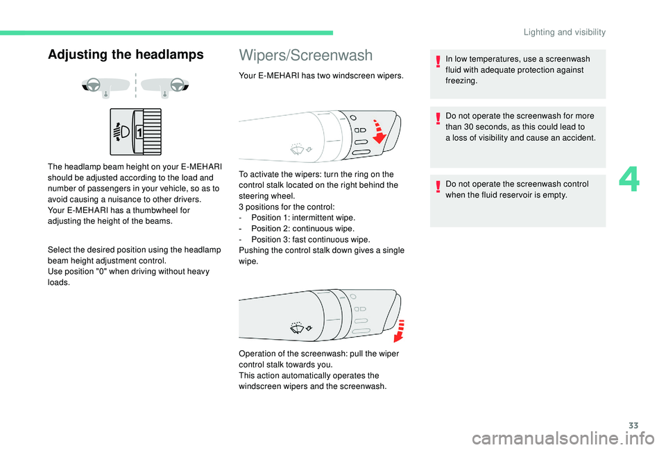 CITROEN E-MEHARI 2023 Owners Guide 33
Adjusting the headlamps
The headlamp beam height on your E-MEHARI 
should be adjusted according to the load and 
number of passengers in your vehicle, so as to 
avoid causing a  nuisance to other d