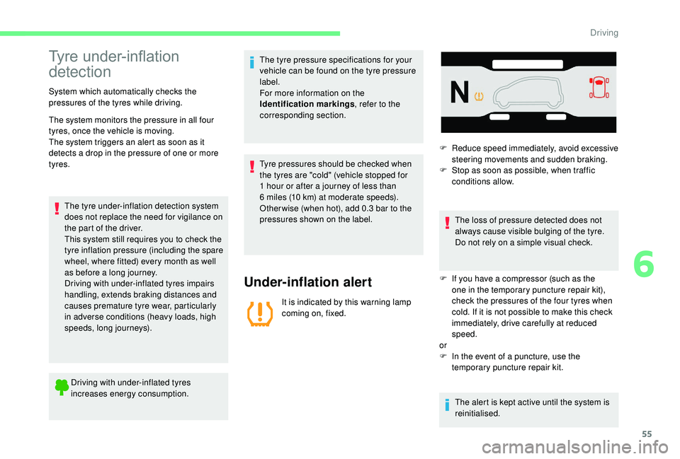 CITROEN E-MEHARI 2023  Owners Manual 55
Tyre under-inflation 
detection
System which automatically checks the 
pressures of the tyres while driving.
The system monitors the pressure in all four 
tyres, once the vehicle is moving.
The sys