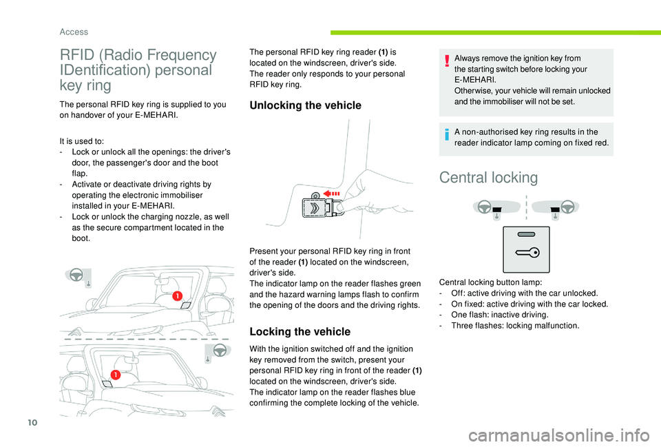 CITROEN E-MEHARI 2022  Owners Manual 10
RFID (Radio Frequency 
IDentification) personal 
key ring
The personal RFID key ring is supplied to you 
on handover of your E-MEHARI.
It is used to:
- 
L
 ock or unlock all the openings: the drive