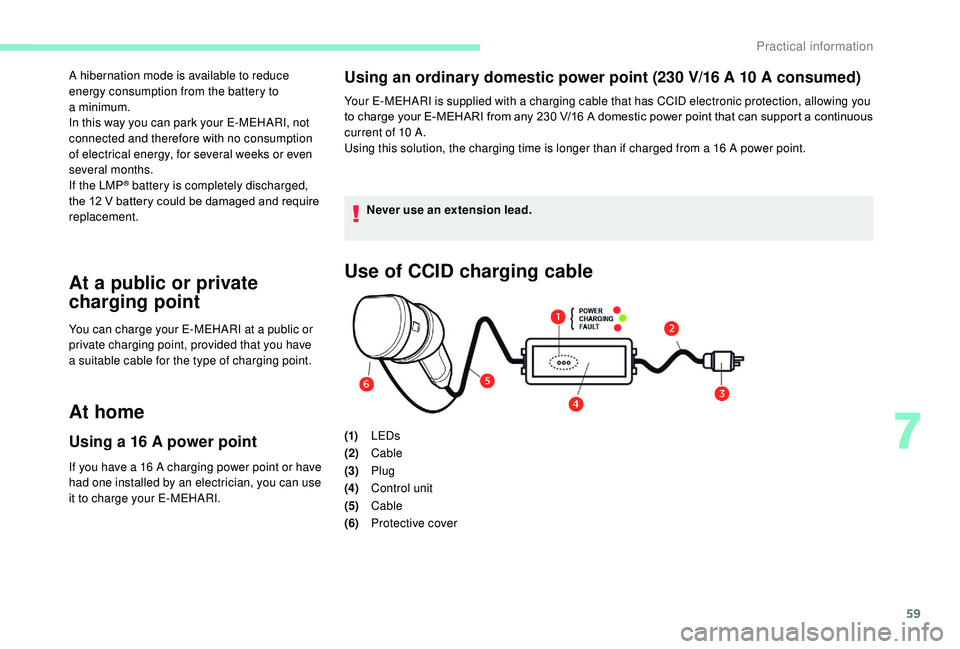 CITROEN E-MEHARI 2022 Repair Manual 59
A hibernation mode is available to reduce
energy consumption from the battery to
a
minimum.
In this way you can park your E-MEHARI, not
connected and therefore with no consumption
of electric CITROEN E-MEHARI 2022 Repair Manual 59
A hibernation mode is available to reduce
energy consumption from the battery to
a
minimum.
In this way you can park your E-MEHARI, not
connected and therefore with no consumption
of electric