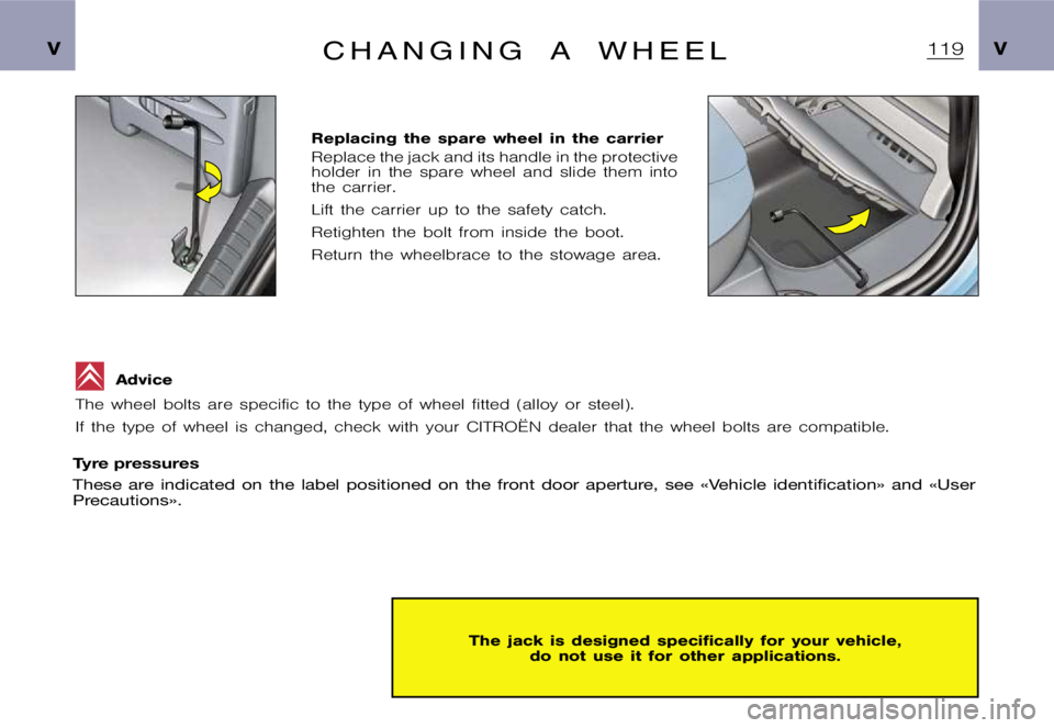 CITROEN XSARA PICASSO 2009  Owners Manual  V V C  H  A  N  G  I  N  G  A  W  H  E  E  L
 R e p l a c i n g  t h e  s p a r e  w h e e l  i n  t h e  c a r r i e r 
 R e p l a c e  t h e  j a c k  a n d  i t s  h a n d l e  i n  t h e  p r o t