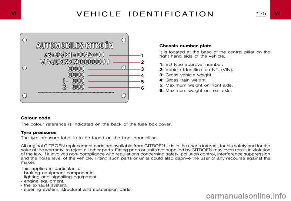 CITROEN XSARA PICASSO 2009  Owners Manual 1 23 456
 V I V I V  E  H  I  C  L  E  I  D  E  N  T  I  F  I  C  A  T  I  O  N
 C h a s s i s  n u m b e r  p l a t e 
 I t  i s  l o c a t e d  a t  t h e  b a s e  o f  t h e  c e n t r a l  p i l 