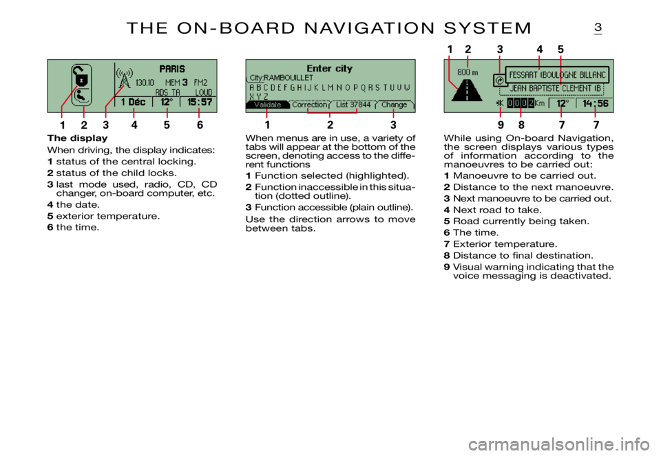 CITROEN XSARA PICASSO 2009 Owners Manual 234561123
32145
8977
3
The display
When driving, the display indicates:
1 status of the central locking.
2 status of the child locks.
3 last mode used, radio, CD, CD 3changer, on-board computer, CITROEN XSARA PICASSO 2009 Owners Manual 234561123
32145
8977
3
The display
When driving, the display indicates:
1 status of the central locking.
2 status of the child locks.
3 last mode used, radio, CD, CD 3changer, on-board computer,