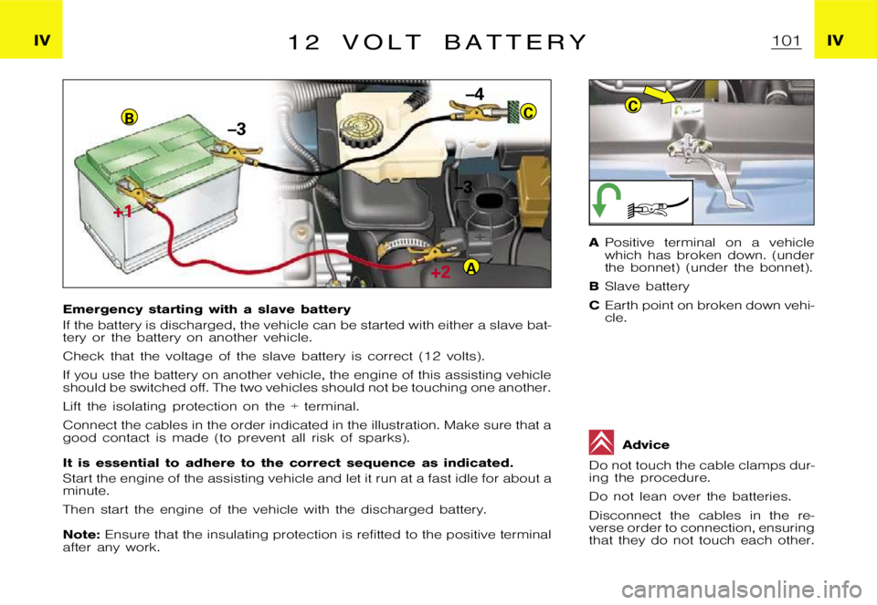 CITROEN XSARA PICASSO 2009  Owners Manual B–3
+1
+2
C
A
–3 –4
C
฀1฀0฀1�I�V
�I�V�1 �2 �v �o �l �t �b �a �t �t �e �r �y
�E�m�e�r�g�e�n�c�y �s�t�a�r�t�i�n�g �w�i�t�h �a �s�l�a�v�e �b�a�t�t�e�r�y 
�I�f �t�h�e �b�a�t�t�e�r�y �i�s �d�i�