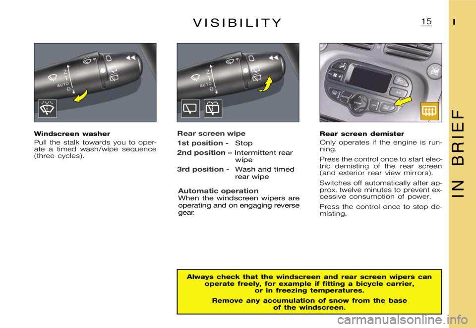 CITROEN XSARA PICASSO 2001  Owners Manual �1�5�I
�I �N �B �R �I �E �F
�V �I �S �I �B �I �L �I �T �Y
�W�i�n�d�s�c�r�e�e�n �w�a�s�h�e�r 
�P�u�l�l �t�h�e �s�t�a�l�k �t�o�w�a�r�d�s �y�o�u �t�o �o�p�e�r�- 
�a�t�e �a �t�i�m�e�d �w�a�s�h�/�w�i�p�e �