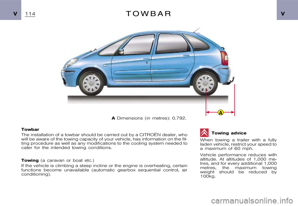 CITROEN XSARA PICASSO 2000  Owners Manual A
�V�V�T �o �w �b �a �r
�A�D�i�m�e�n�s�i�o�n�s �(�i�n �m�e�t�r�e�s�)�: �0�.�7�9�2�.
�T�o�w�b�a�r 
�T�h�e �i�n�s�t�a�l�l�a�t�i�o�n �o�f �a �t�o�w�b�a�r �s�h�o�u�l�d �b�e �c�a�r�r�i�e�d �o�u�t �b�y �a �