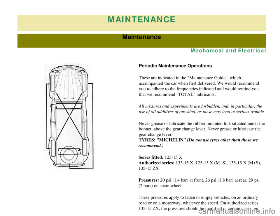 CITROEN 2CV 1975 Owners Manual
MAINTENANCE
Maintenance
Mechanical and Electrical
Periodic Maintenance Operations
These are indicated in the "Maintenance Guide", which
accompanied the car when first delivered. We would recommend
CITROEN 2CV 1975 Owners Manual
MAINTENANCE
Maintenance
Mechanical and Electrical
Periodic Maintenance Operations
These are indicated in the "Maintenance Guide", which
accompanied the car when first delivered. We would recommend