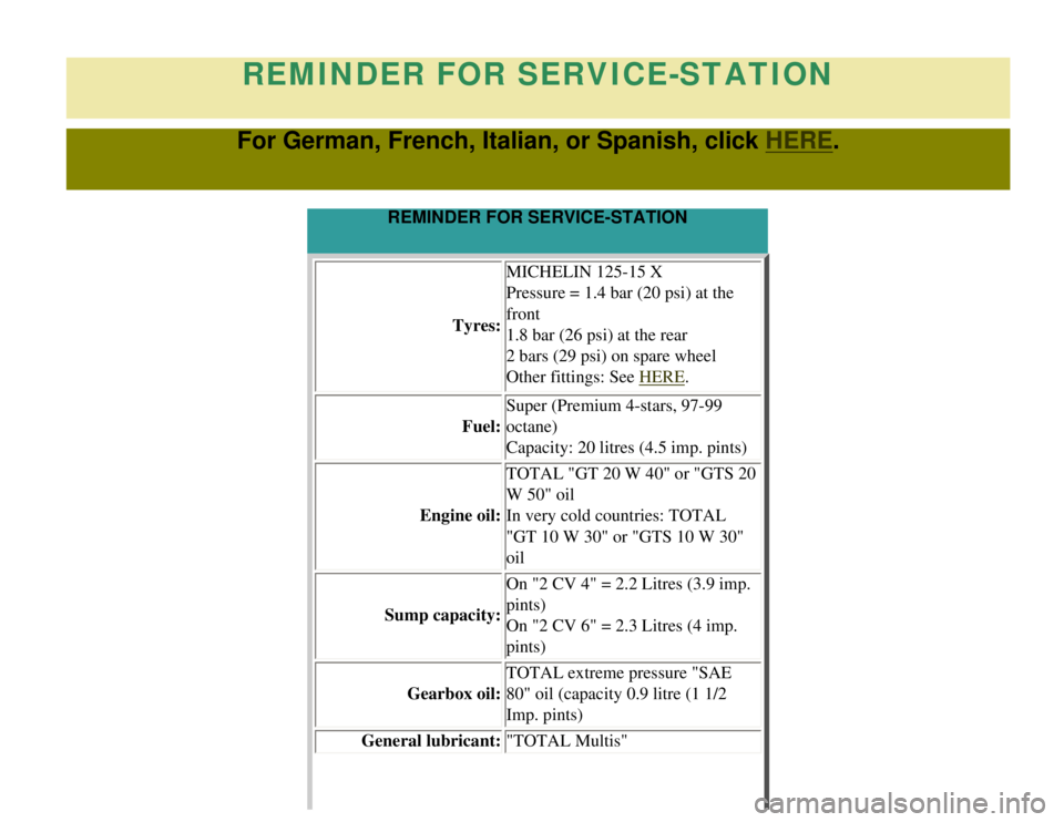 CITROEN 2CV 1975  Owners Manual 
REMINDER FOR SERVICE-STATION
For German, French, Italian, or Spanish, click HERE.
REMINDER FOR SERVICE-STATIONTyres:MICHELIN 125-15 X
Pressure = 1.4 bar (20 psi) at the 
front
1.8 bar (26 psi) at the