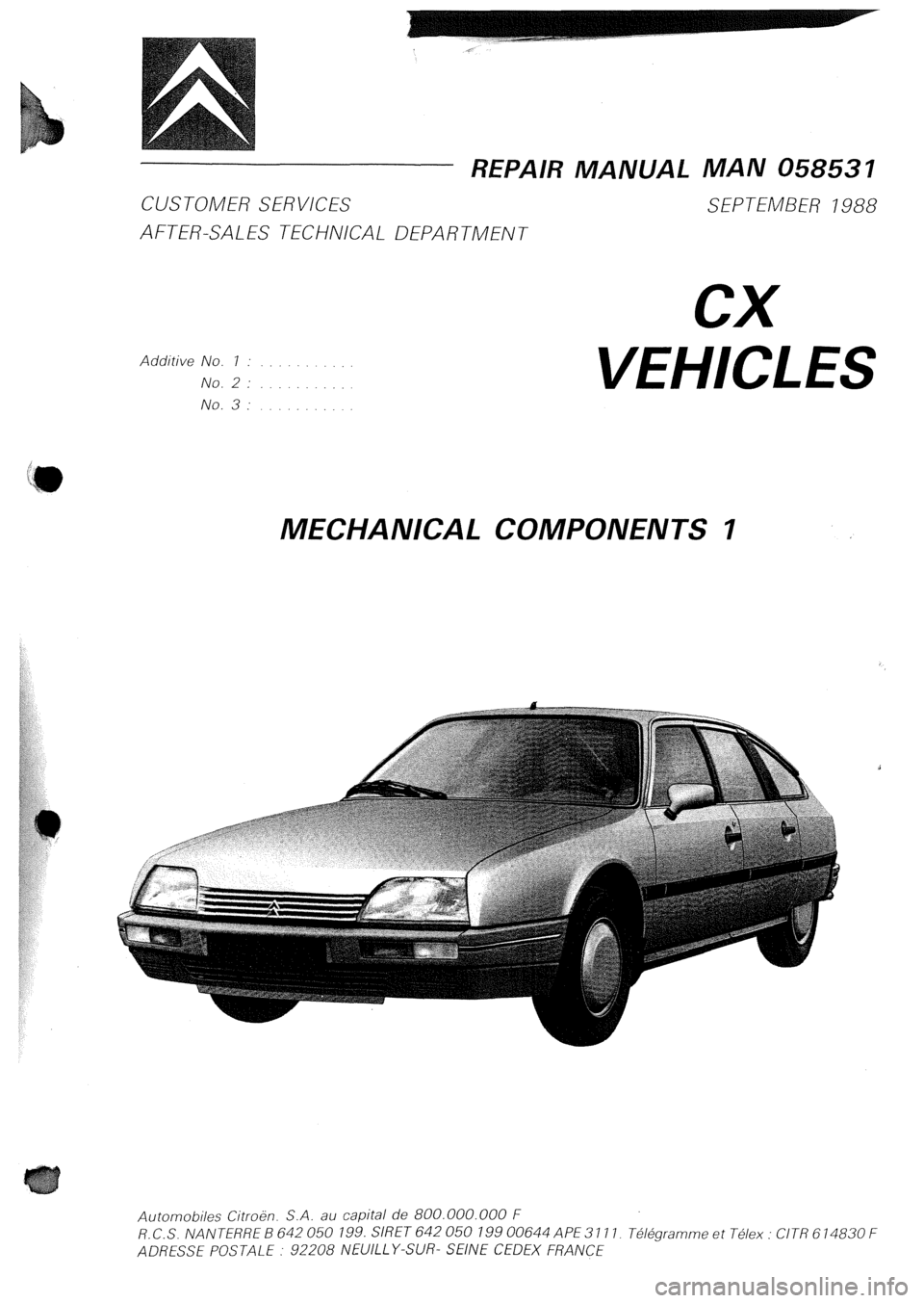 CITROEN CX 1988  Service Manual REPAIR MANUAL MAN 058537 
CUSTOMER SERVICES 
SEPTEMBER 7988 
AFTER-SALES TECHNICAL DEPARTMENT 
Additive No. 1 : .......... 
No.2: .......... 
No.3: ......... 
cx 
VEHICLES 
MECHANICAL COMPONENTS I 
Au