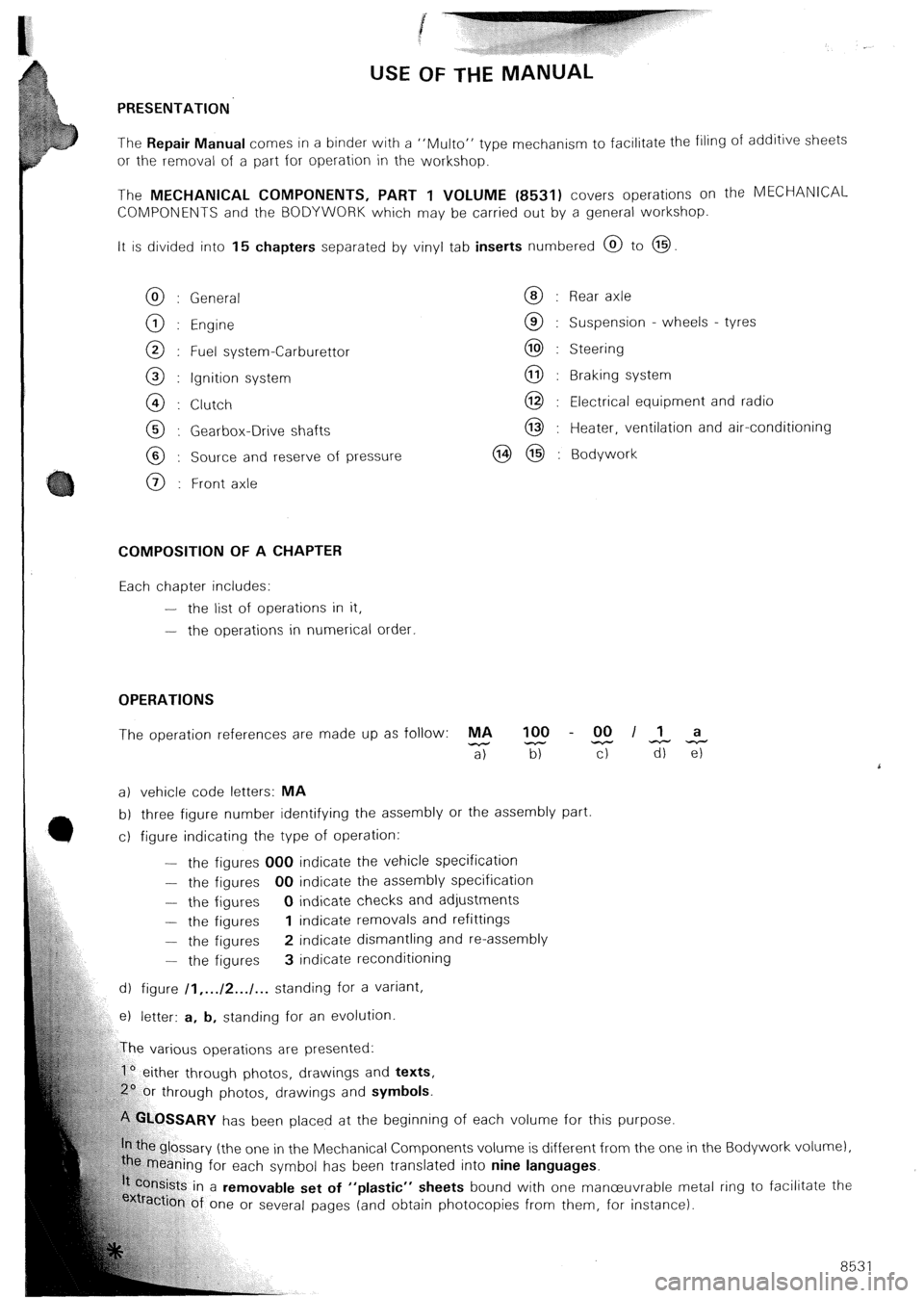CITROEN CX 1988  Service Manual USE OF THE MANUAL 
PRESENTATION 
The Repair Manual comes in a binder with a “Mu/to” type 
mechanism to facilitate the filing of additive sheets 
or the removal of a part for operation in the works