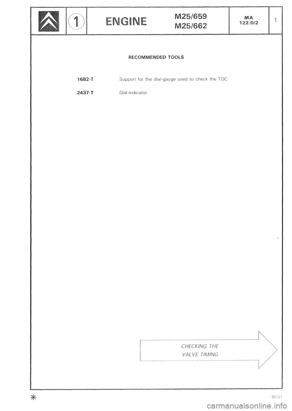 CITROEN CX 1988  Service Manual 1682-T 
2437-T Support for the dial-gauge used to check the TDC 
Dial-lndlcator CHECKING THE 
VALVE TiMlNG  