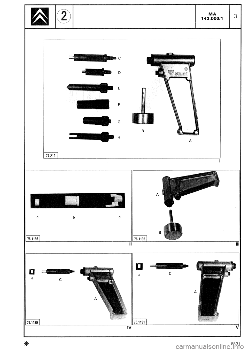 CITROEN CX 1988  Service Manual C 
D 
E 
F 
G 
H 
A 
77.212 
I 
a 
b 
C 
‘6.1186 
II 
II 
El 
a C 
a 
C 
16.1189 76.1191 
IV   