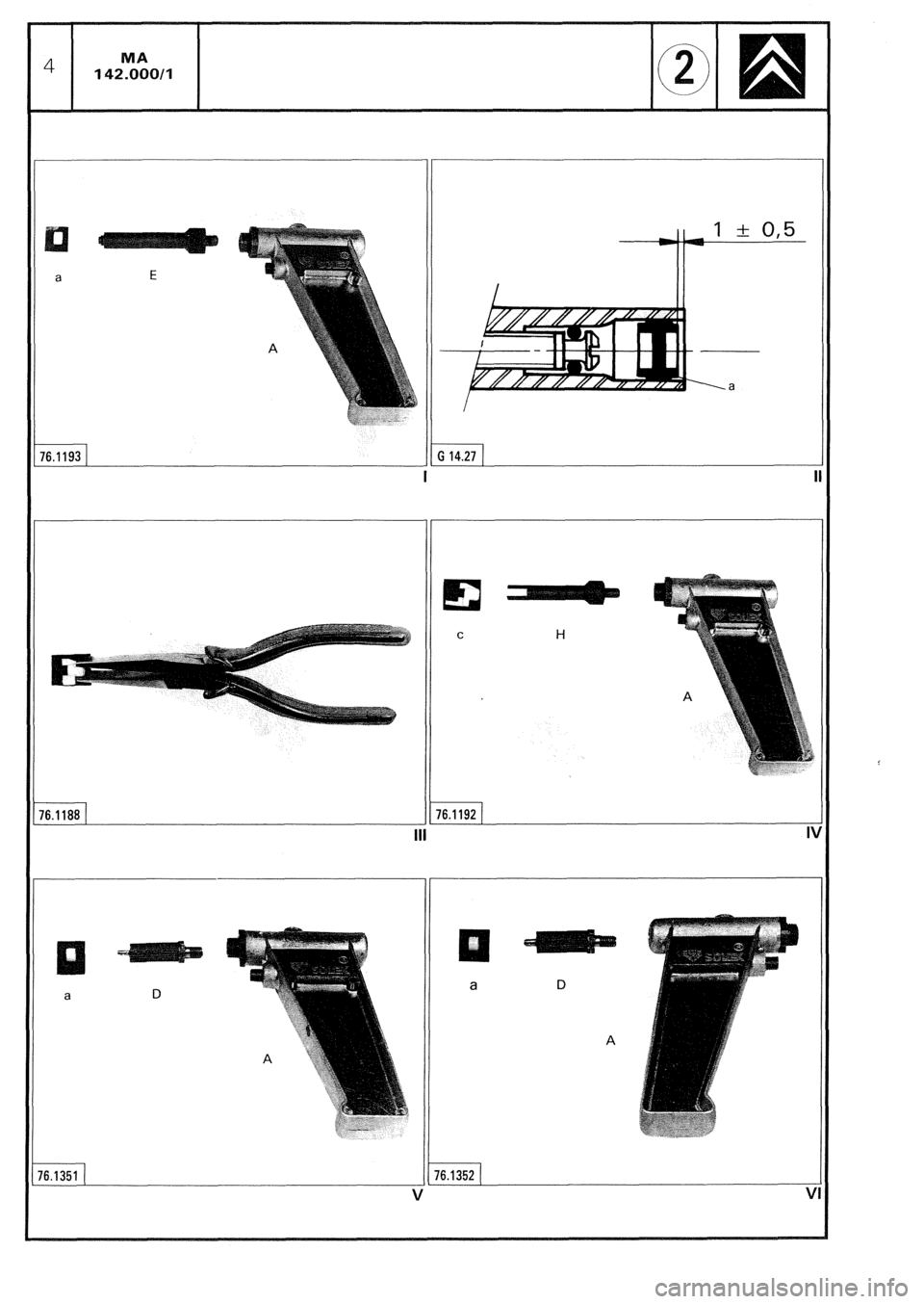 CITROEN CX 1988  Service Manual a E 
16.1193 G 14.27 
I 
C H 
16.1188 76.1192 
III 
I’ 
D a D a 
A 
6.1351 76.1352 
V 
  