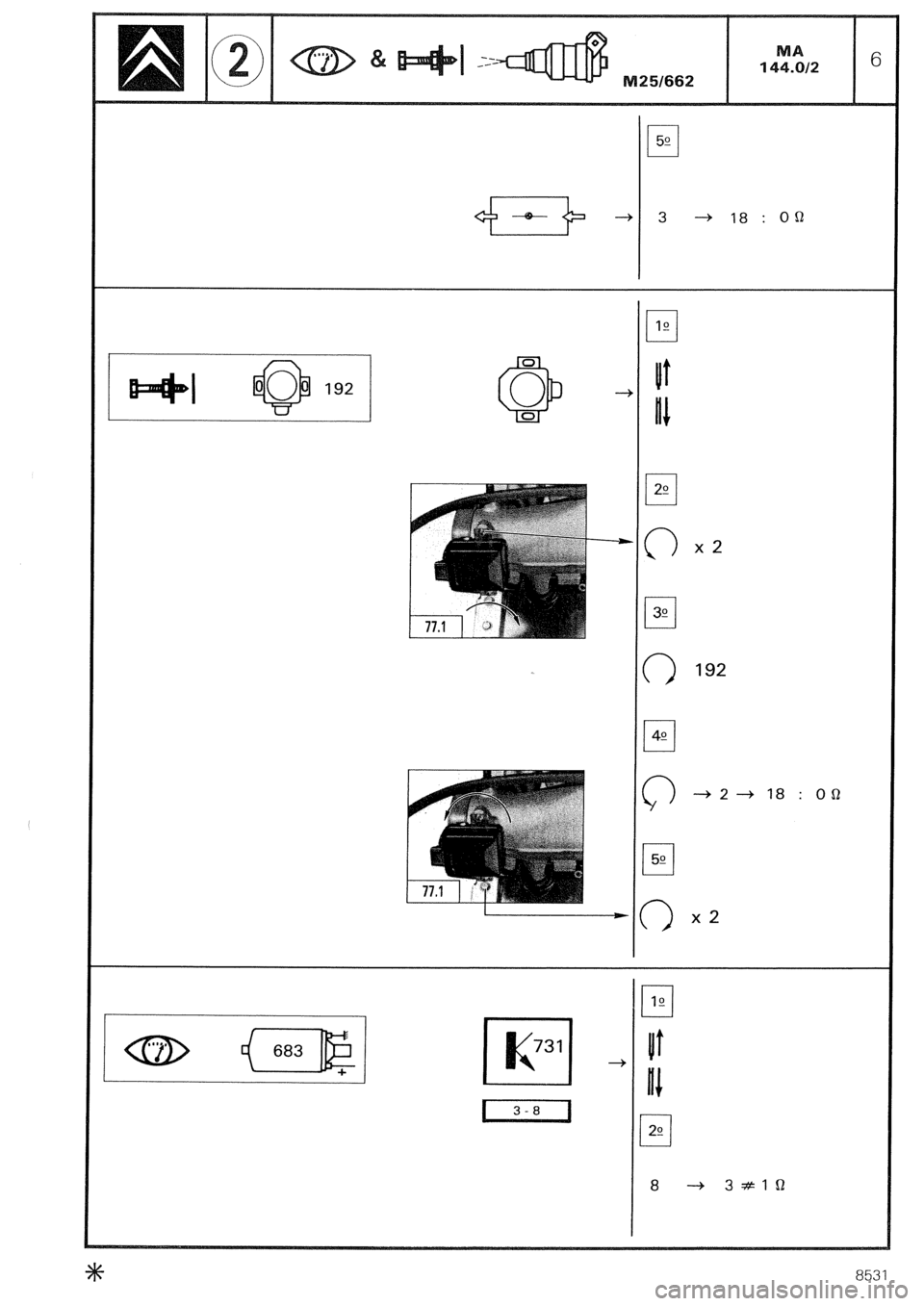 CITROEN CX 1988  Service Manual q 51! 
+--=--j+ -+ 
3 -+ 18:01;2 
q 20 
0 x2 
q 3!? 
0 192 
0 
49 
0 -+2+18 :OCl 
q 50 0 
x2 
8531  