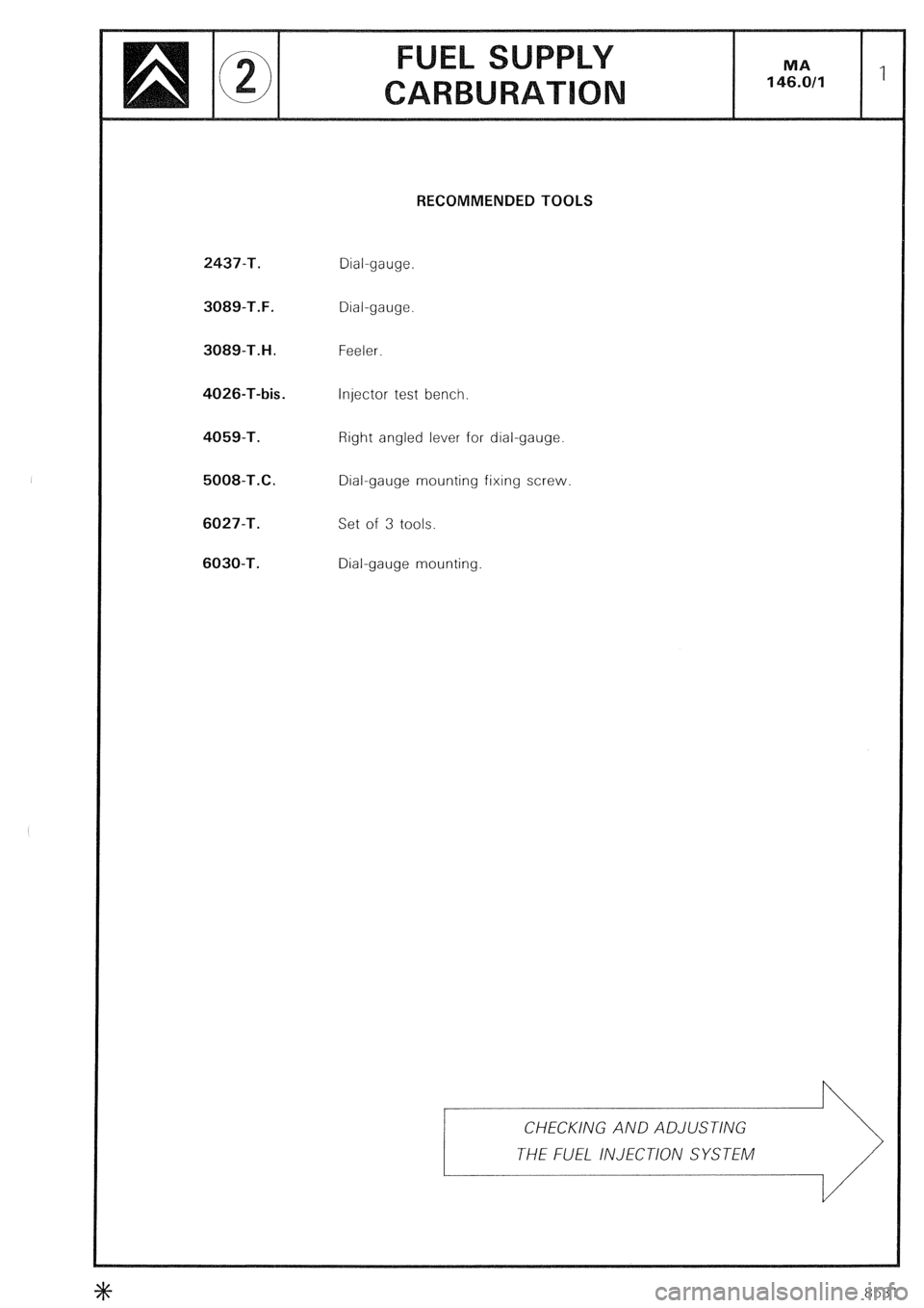 CITROEN CX 1988  Service Manual RECOMMENDED TOOLS 
2437-T. 
3089-T.F. 
3089-T.H. 
4026-T-bis. 
4059-T. 
5008-T.C. 
6027-T. 
6030-T. 
Dial-gauge. 
Dial-gauge. 
Feeler. 
Injector test bench. 
Right angled lever for dial-gauge. 
Dial-g