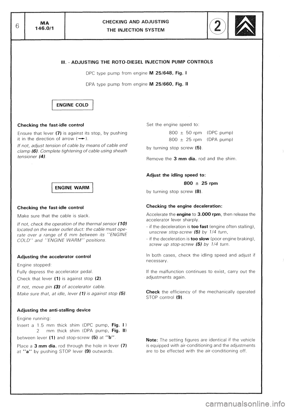 CITROEN CX 1988 Service Manual CHECKING AND ADJUSTING
THE INJECTION SYSTEM
III. - ADJUSTING THE ROTO-DIESEL INJECTION PUMP CONTROLS
DPC type pump from engine M 25/648, Fig. I
DPA type pump from engine M 25/660, Fig. II
Checkin CITROEN CX 1988 Service Manual CHECKING AND ADJUSTING
THE INJECTION SYSTEM
III. - ADJUSTING THE ROTO-DIESEL INJECTION PUMP CONTROLS
DPC type pump from engine M 25/648, Fig. I
DPA type pump from engine M 25/660, Fig. II
Checkin