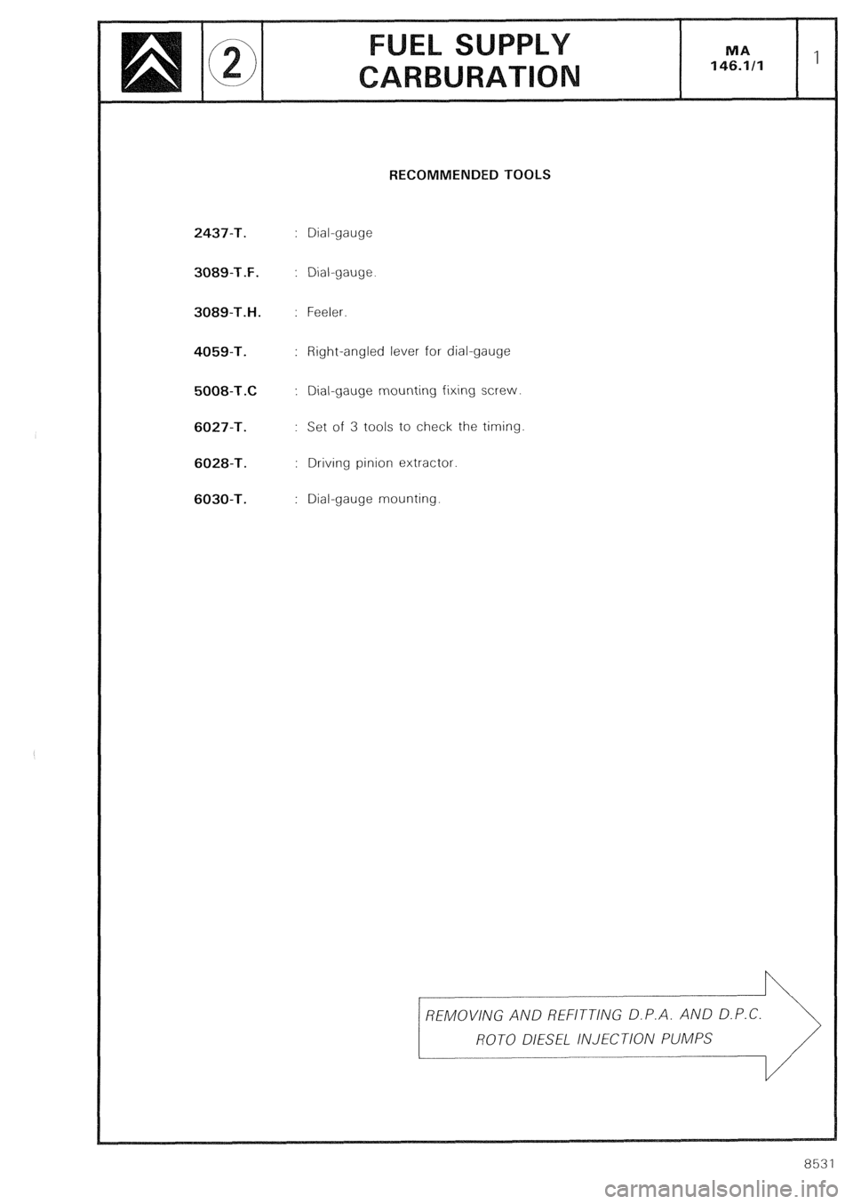 CITROEN CX 1988 Service Manual 2437-T.
3089-T.F.
3089-T.H.
4059-T.
5008-T.C
6027-T.
6028-T.
6030-T. RECOMMENDED TOOLS
Dial-gauge
Dial-gauge.
Feeler.
Right-angled lever for dial-gauge
Dial-gauge mounting fixing screw.
S CITROEN CX 1988 Service Manual 2437-T.
3089-T.F.
3089-T.H.
4059-T.
5008-T.C
6027-T.
6028-T.
6030-T. RECOMMENDED TOOLS
Dial-gauge
Dial-gauge.
Feeler.
Right-angled lever for dial-gauge
Dial-gauge mounting fixing screw.
S